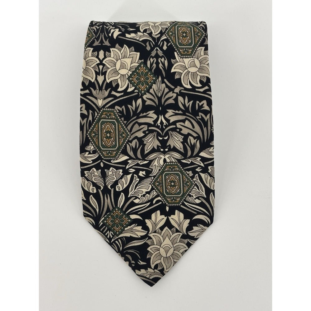 Geoffrey Beene 100% Silk Mens Tie Abstract pattern, Black w/Green Gold Floral